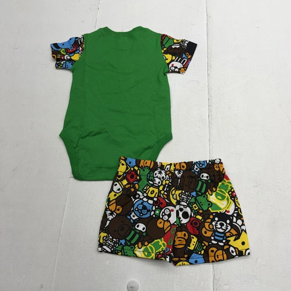 A Bathing Ape Baby Milo Outfit Set Baby Boys 6-9M Bodysuit Shorts Green 2 Piece